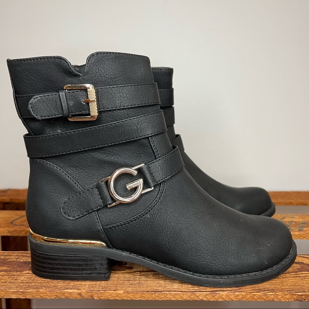 G by Guess Harlin Black Combat Boots Gold Buckle Shoes Women’s 6